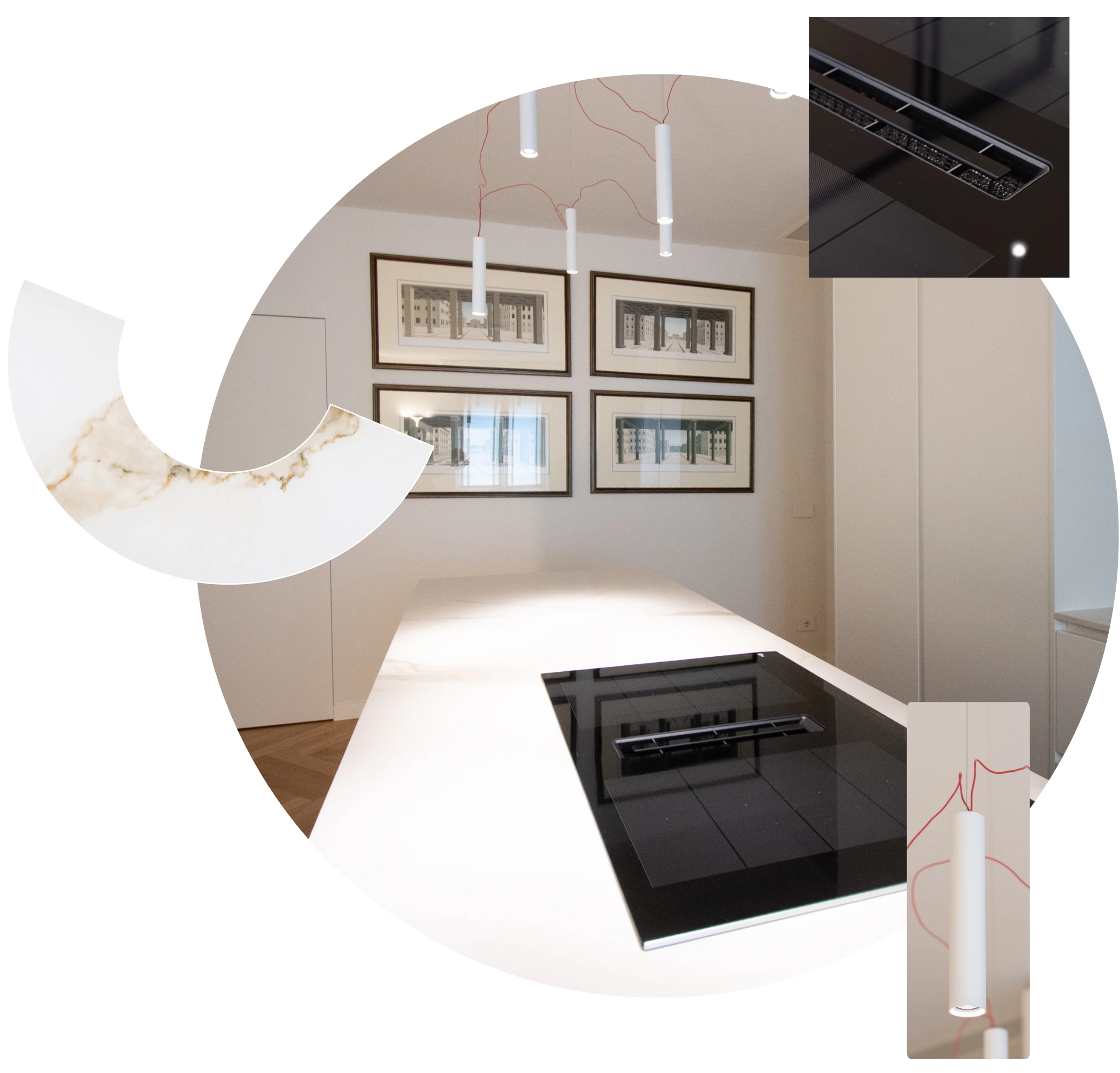 Piano cucina minimal bianca con lampada minimal sospesa, dettaglio piano cottura per cucina moderna e dettaglio di un piano in marmo con venatura